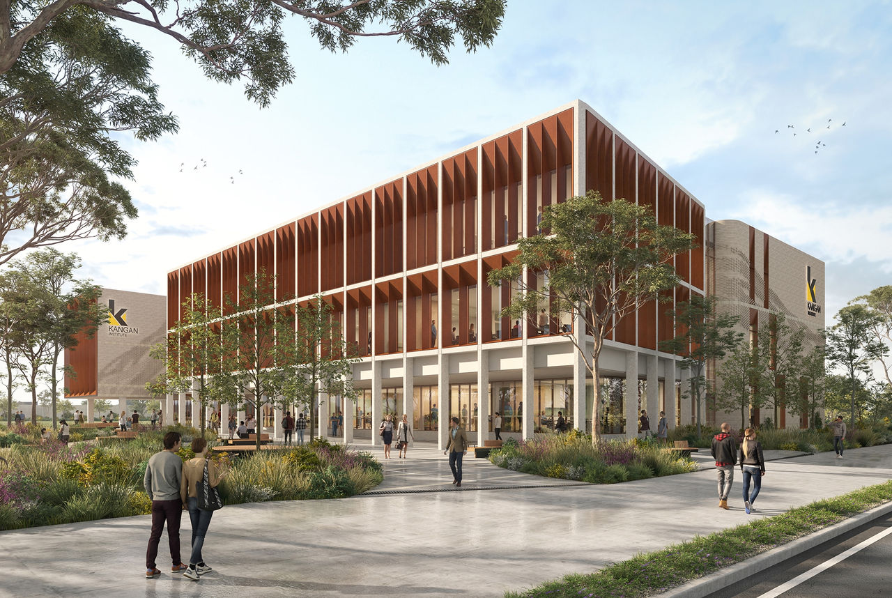 Street view render of the Kangan Institute's upcoming Health and Community Centre of Excellence in Broadmeadows