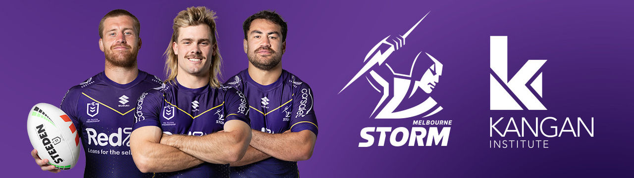 Three Melbourne storm players alongside the Storm and Kangan Institute logos