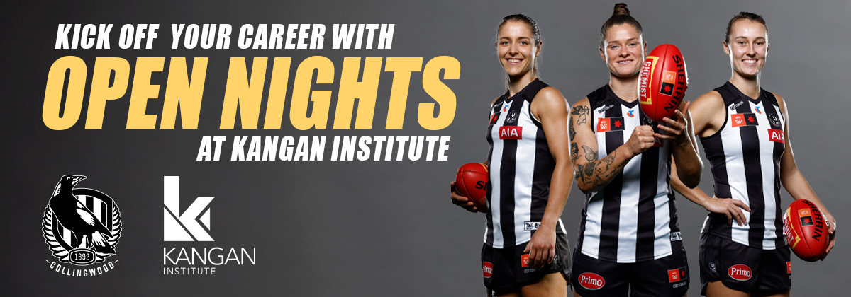 Three Melbourne storm players alongside the Storm and Kangan Institute logos