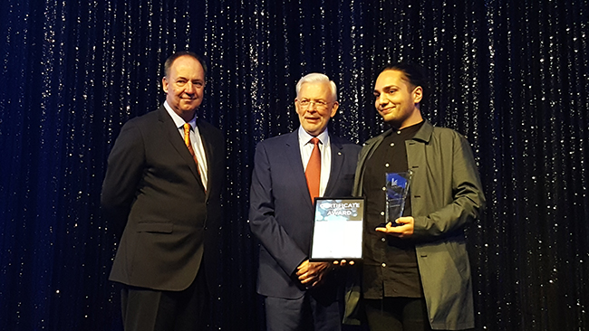 Congratulations to Levent Koca, our overall student of the year! Pictured here with Levent is Kangan Institute’s CEO Trevor Schwenke (left) and Peter Harmsworth AO Board Chair (centre).