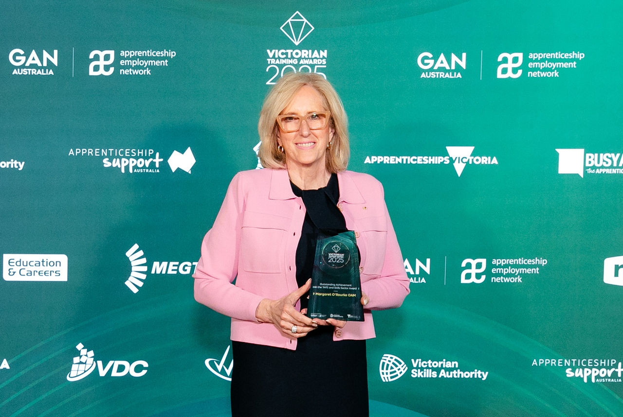 Former Board Chair Marg O'Rourke received Outstanding Achievement in the TAFE and Skills Sector Award at 2025 Victorian Training Awards