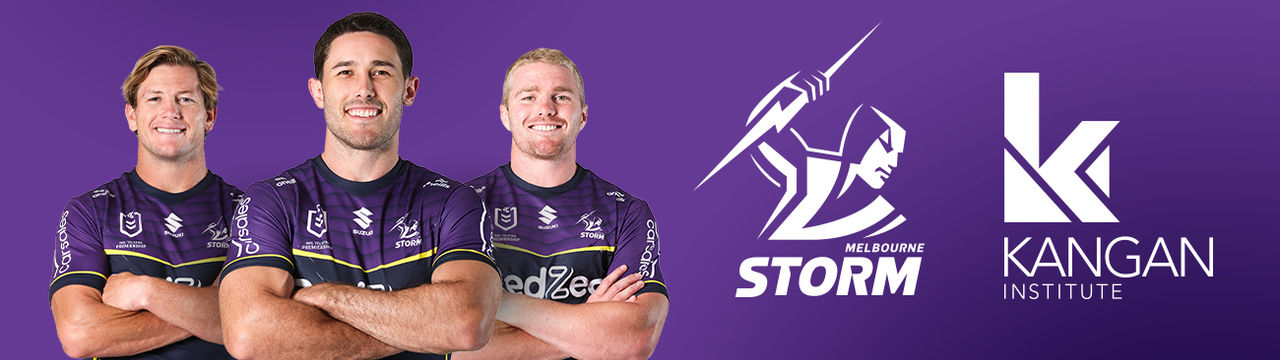 Three Melbourne storm players alongside the Storm and Kangan Institute logos