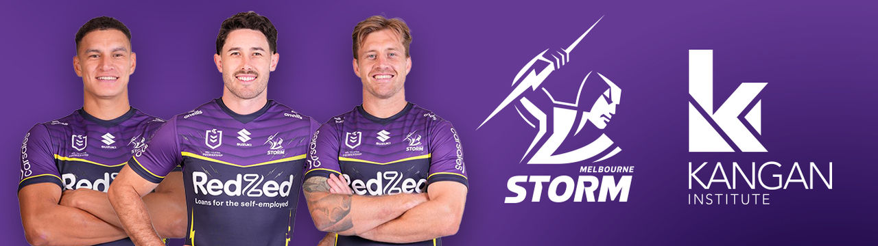 Three Melbourne storm players alongside the Storm and Kangan Institute logos