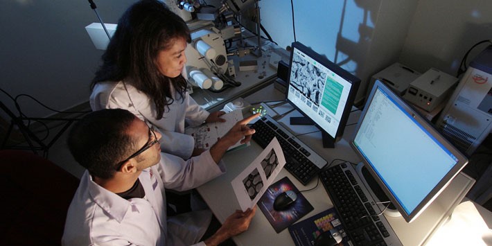Two pathologists looking at test results on the computer