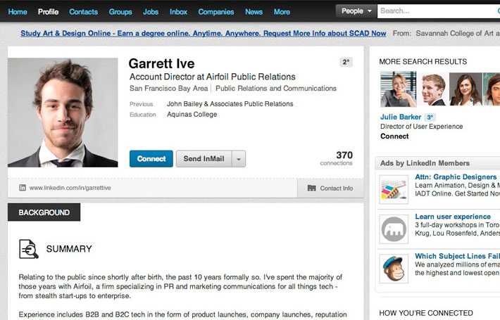Full display of a LinkedIn profile