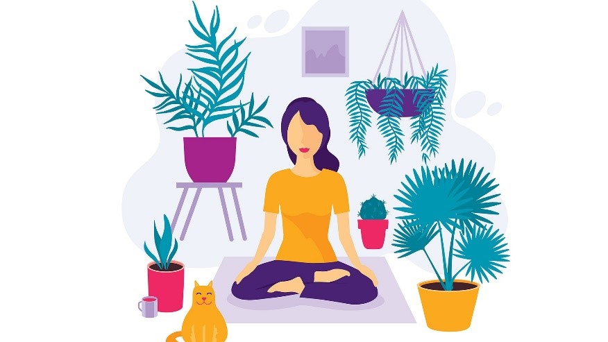 peaceful graphic of female meditating surrounded by plants and a cat